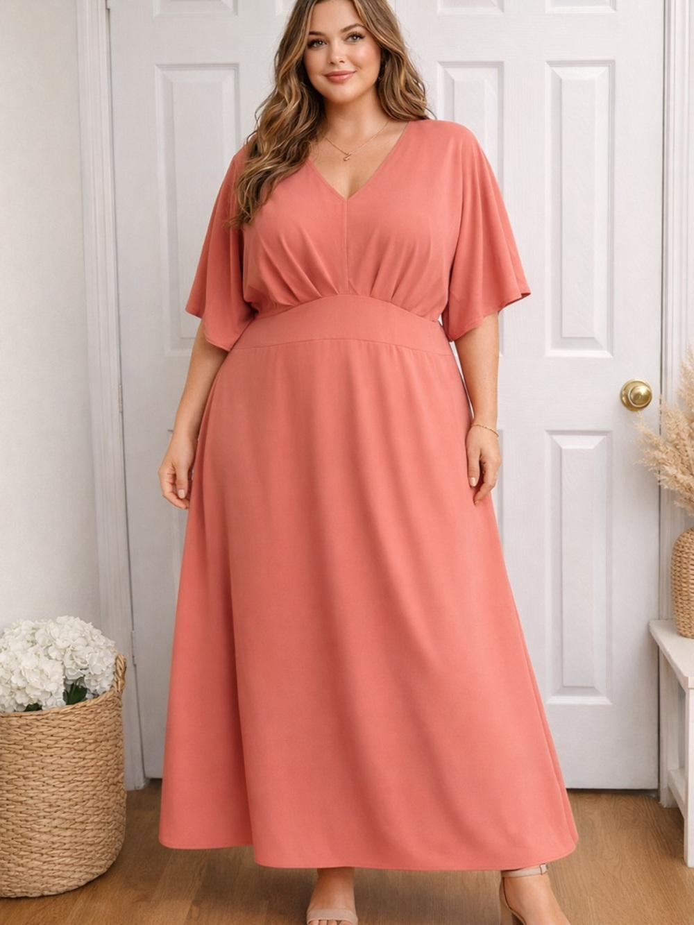 Women’s XL Maxi Dress Coral Pink Flowy V-Neck Short Sleeve Polyester